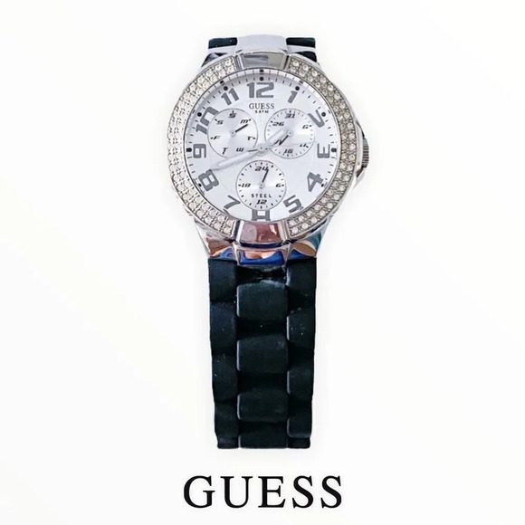 GUESS | Black & Silver | Women Rubber/Metallic Watch - Picture 1 of 9